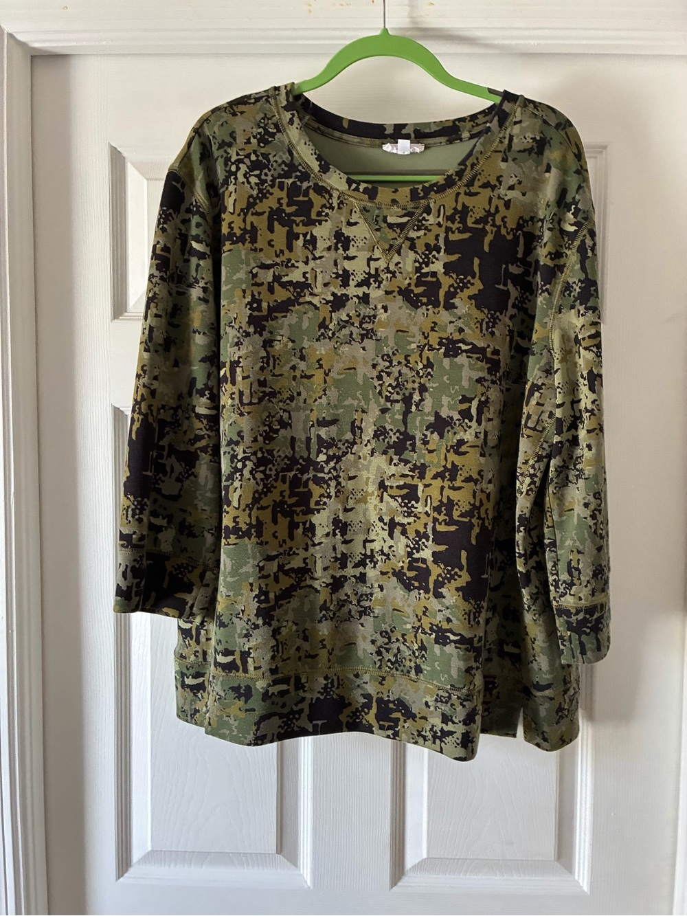 Relaxed Fit Camo Print Women's Top - Olive Green westbound woman 1x